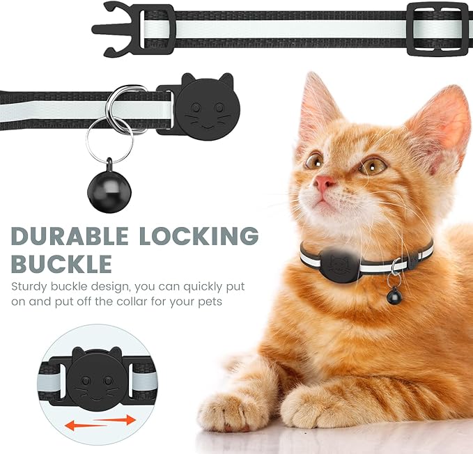 Upgrade Airtag Cat Collar, Reflective Kitten Cat Collar with Bell and Airtag Holder Compatible with Apple Airtags, Lightweight Airtag Cat Collar with Cat Pattern for Kitty Puppy