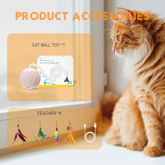 Upgraded Interactive Cat Toys Ball for Indoor Cats-Cat Ball Features Touch and Voice Activation, 2 Speed Settings (Fast and Slow), Interchangeable Tail Attachments for Bored Indoor Cats (Pink)