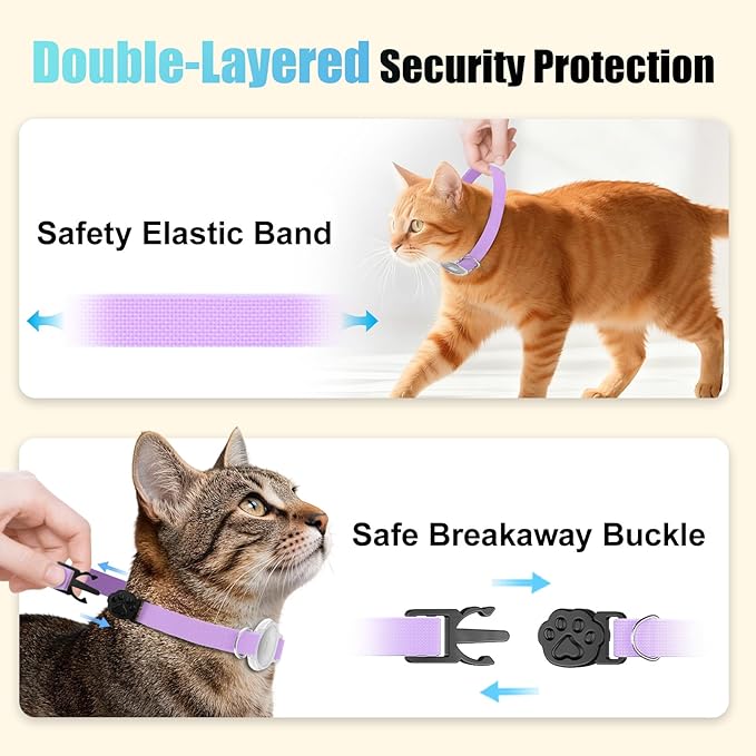 AirTag Cat Collar, Breakaway Air Tag Cat Tracker Collar with Integrated Airtag Holder Compatible with Apple Air Tag, Ultra Elastic & Comfortable Pet Tracking Collars for Cats Kittens (Purple)