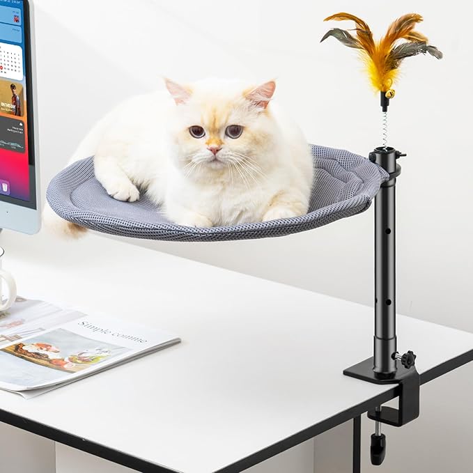 Uross Cat Desk Bed - Adjustable Height & 360 Rotation Cat Desk Perch Mount for Office and Game Tables, Attachment Desktop Bed with 2 Washable Covers, Soft Rabbit Fur& Breathable Mesh -Grey