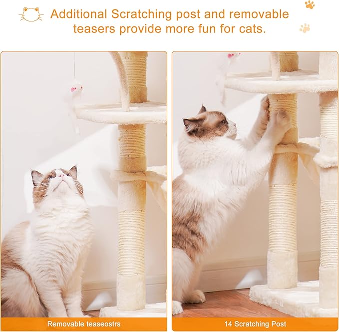 Heybly Cat Tree, 70 inches Tall Cat Tower Condo with Toy for Indoor Large Cats, Cat House Furniture with Padded Plush Perch, Cozy Hammock and Sisal Scratching Posts, Beige HCT032M