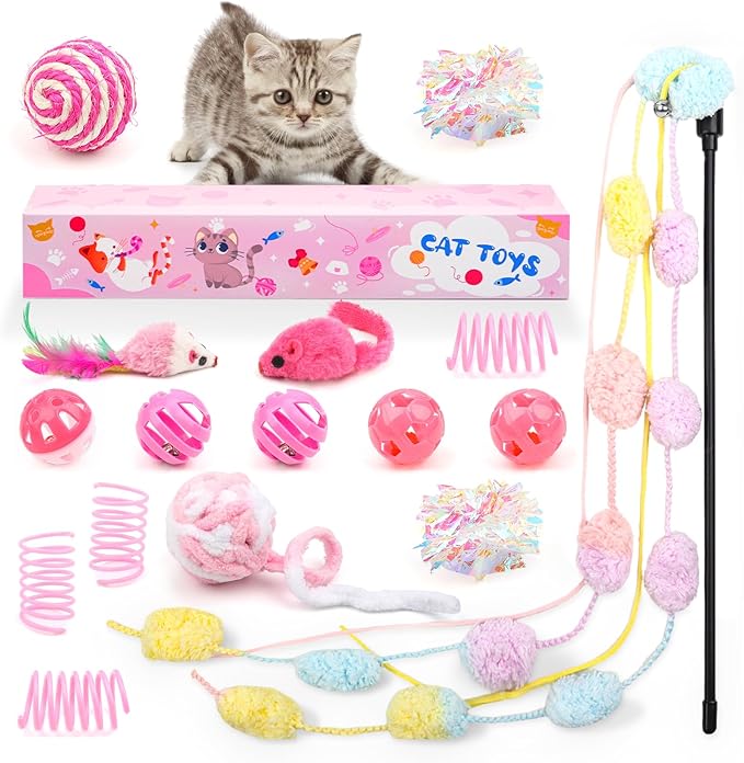 QUOZUO 16Pcs Cat Toy Set Pink Kitten Toys Pack Including Feather Teaser Interactive Wand Cat Springs Mice Crinkle Balls and Pet Bell Balls Toys for Bored Indoor Cats, Gift Box Styles (Pink)