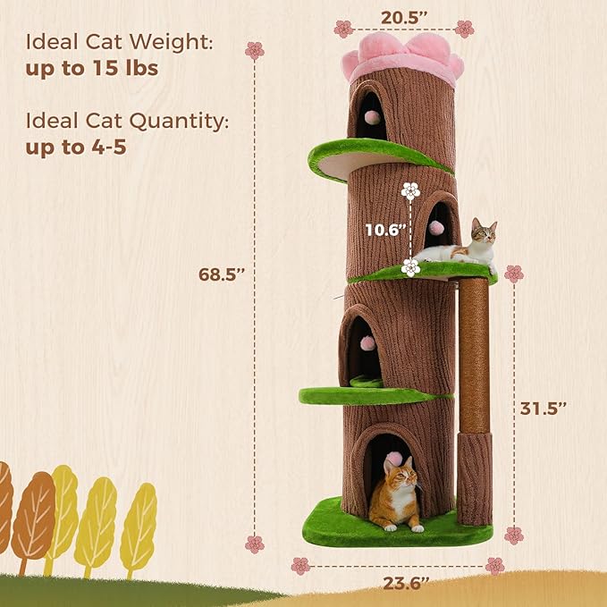 MUTTROS Forest Cat Tree Tower with 4 Condos, 68.5" Tall Cat Tower with Flower Top Bed & Thick Scratching Post (φ3.8in) – Large Heavy Duty Tree that Looks Like a Tree for Indoor & Multi-Cat Households