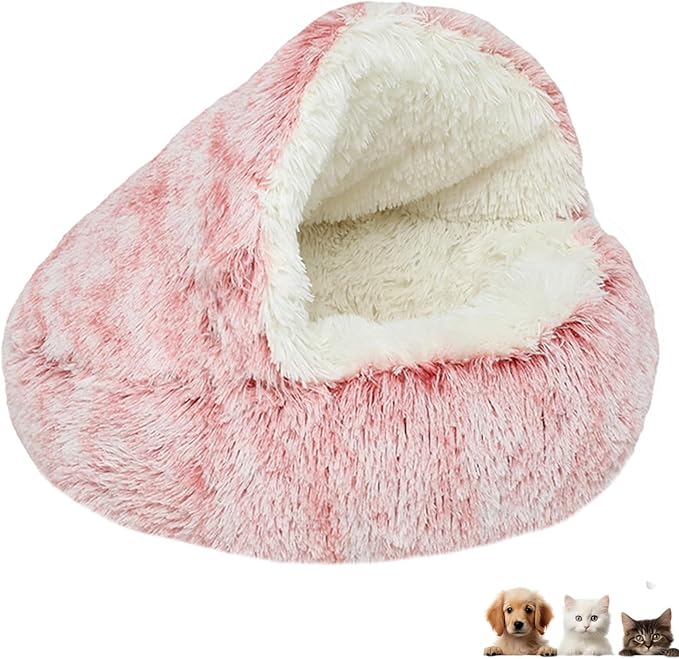 Cat Bed Round Fluffy Hooded Cat Bed Cave Puppy & Kitty,Cat Bed Round Plush Fluffy Hooded Cat Bed Cave, Cozy Cocoon Dog Bed Winter Warm Long Plush Cozy Nook Dog Bed.,15.7IN,Pink