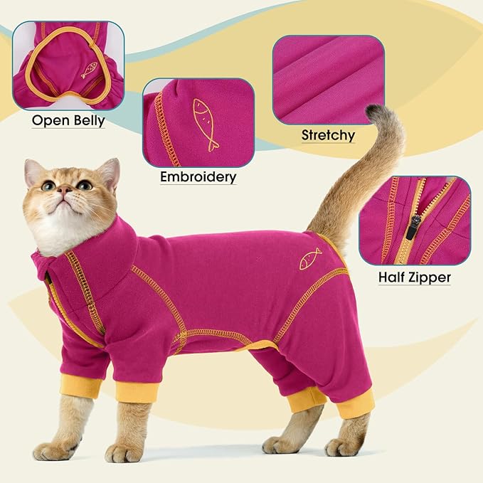 ROZKITCH Cat Surgery Suit, Soft Cat Onesie for Cats After Surgery Female Male, Reduces Shedding Fur Pajamas, Prevents Licking Wounds Post Surgery Rosered L