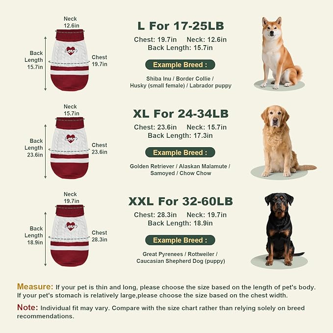 Dog Sweater Knitted for Small to Large Dogs Boy Girl, Classic Turtleneck Dog Christmas Sweaters, Warm & Soft Pet Clothes for Winter (Love Red, 2XL)