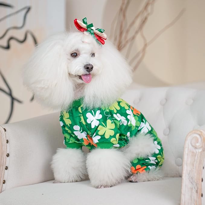 CuteBone Clover St.Patrick's Day Small Dog Pajamas Soft Puppy Pjs Fleece Stretchy Onesie Cat Clothes for Daily Wear P275XS
