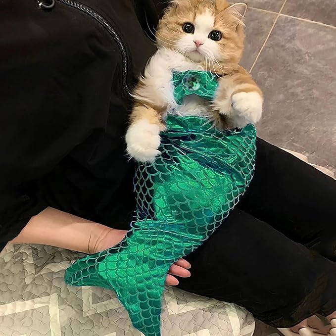 Generic cat Mermaid Costume, Mermaid Tail for Cats, Mermaid Tail Clothes Sequin Mermaid Dress, Comfortable & Soft Dog Outfit, Funny Pet Costumes for Cat and Dog, Green