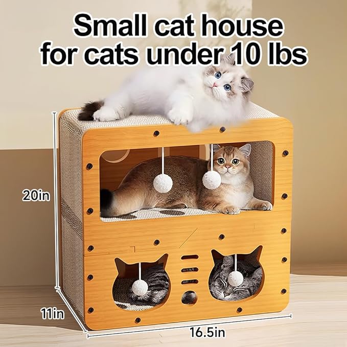 Cat Beds for Indoor Cats，Wooden Cat Scratcher House & Cardboard Condos，Covered Bedsure Kitten Bed Cave Furniture，Cute Playhouse Box，Small Size，for Cats Under 10 lbs