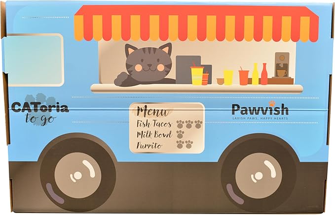 Food Truck Cardboard Cat House and Scratcher, Play House, Scratching Pad, Corrugated Hideaway Cave, Cute Kitty Condos Box, Bed for Indoor Cats, Kittens, Bunny, Fur Babies
