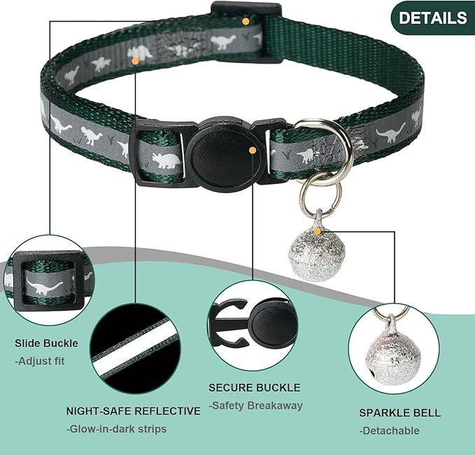 Reflective Cat Collar Safety Breakaway Nylon Kitten Collars with Bell for Male Female Cats,Dark Green
