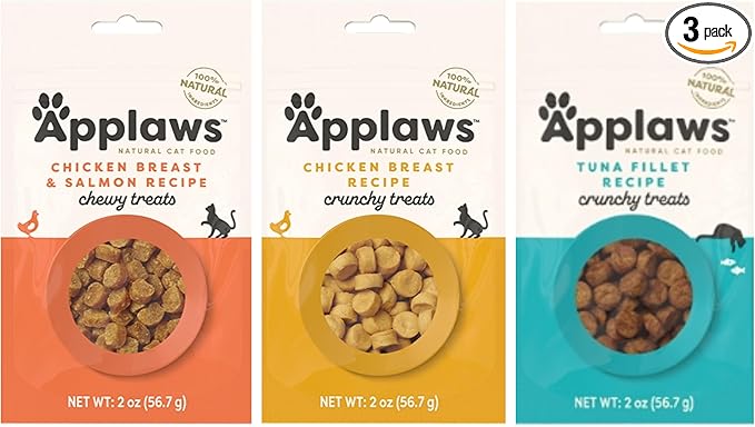 Applaws Natural Grain-Free Chewy Cat Treats in 3 Flavor Bundle: 1 Chicken Breast & Salmon, 1 Tuna Fillet & 1 Chicken Breast (3 Bags Total, 2 Oz Each)