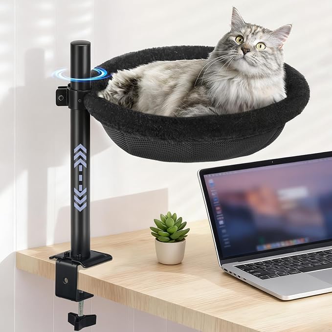 Cat Desk Bed, Heavy Duty Steel Clamp-On Various Desktops, Machine Washable Reversible Cat Beds for Large & Kitten, 360° Rotating Height Adjustable, Indoor Cats Nest Furniture Supports 45lbs, Black