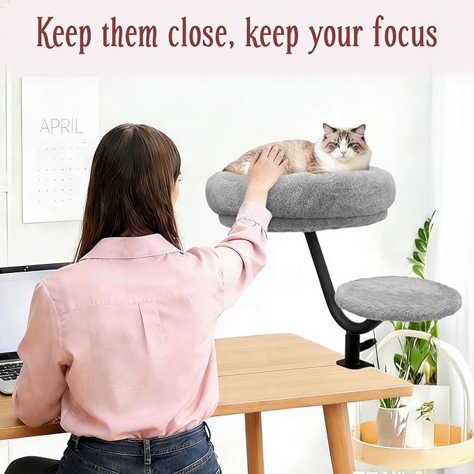 Cat Desk Bed, Desk Cat Bed Attachment for Indoor Cats, 360° Swivel Clamp-on Cats Perch with 40lbs Support, Sturdy Plush Resting Spot for Home Office,Gray