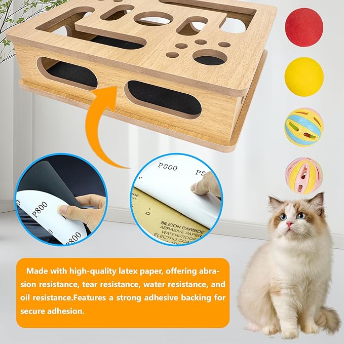 Cat Scratch Puzzle Enrichment Box,Cat Nail File Enrichment Box,No Assembly Required,Built-in Sandpaper Trims Your pet's Claws as They Play(Burlywood Color)