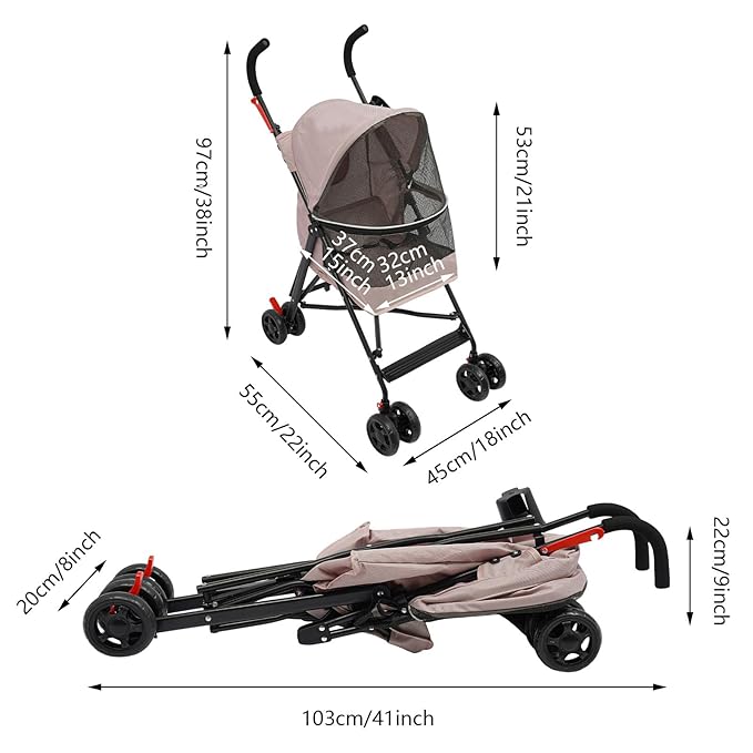 4-Wheel Pet Travel Stroller, Foldable & Lightweight Dog Cat Cage Jogger Stroller, Breathable and Visible Mesh for Small & Medium Dogs & Cats (Up to 22lbs) (Pink)