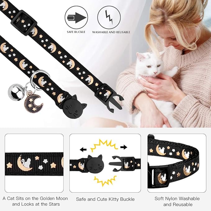 Baeuppit 2Pcs Breakaway Cats Collars Cat Collars for Boy & Girl Cats Adjustable Kitten Collars with Bell,Purple+Black,8"-13.1"