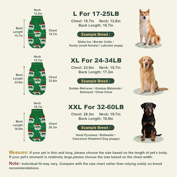 Dog Sweater Knitted for Small to Large Dogs Boy Girl, Classic Turtleneck Dog Christmas Sweaters, Warm & Soft Santa Claus Pet Clothes for Winter (Green, L)