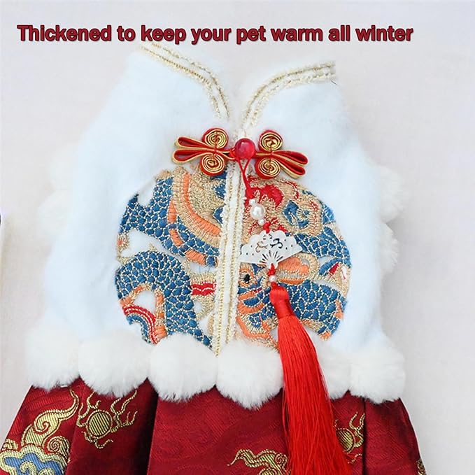 BAMY New Year Dog Horse Face Skirt Warm Cat Cheongsam Dress Winter Pet Clothes Coat Christmas Costume for Cats Teddy Bichon Small Medium Dogs (XL (Chest Circumference 21.6in))
