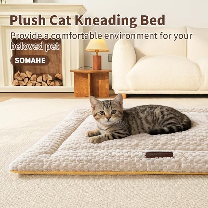 SOMAHE Cat Beds Flat Cat Bed Mat, Premium Plush Cat Mat with Non-Slip Bottom, 1.2" Thick All-Season Kneading Cushion, Machine Washable Anti-Static Pet Bed 15×23Inch, Milk