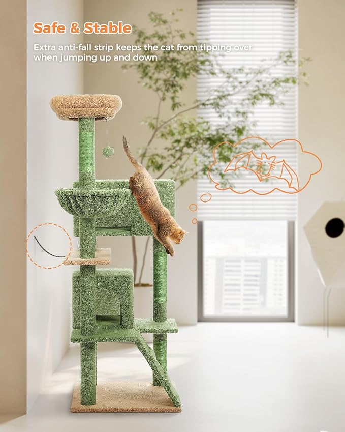 MUTTROS Cactus Cat Tree for Adult Cats with Super Large Top Perch, 56.3" Cat Tower for Cats with Plush Hammock, Dangling Pompom, Cat Scratching Posts and 2 Condos, Green House