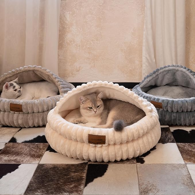 CHEERPALS Cat Cave Bed for Indoor Cats, Washable Covered Cat Bed Hooded Kitty Bed Soft Fluffy Pet Bed for Puppy and Small Dog(White)