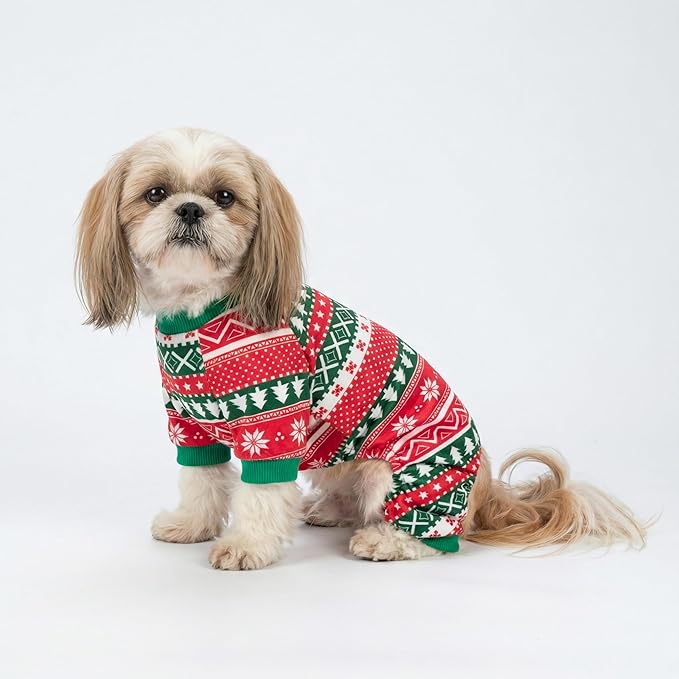 Fitwarm Dog Christmas Outfit, Holiday Pet Clothes for Small Dogs Boy Girl, Festive Pajamas with Feet, Puppy Onesie, Red, Green, Small