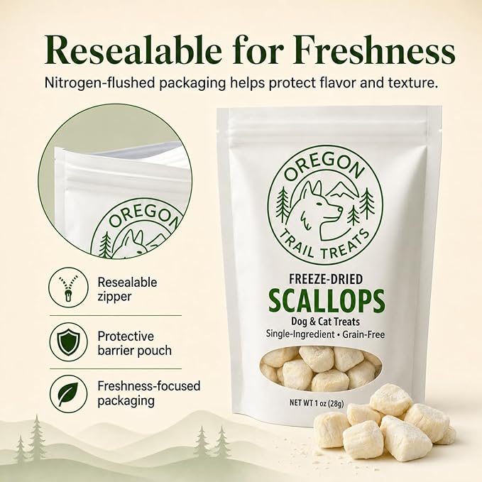 Oregon Trail Treats Freeze-Dried Scallops Dog & Cat Treats - Single Ingredient Premium Bay Scallops Grain Free 1 oz