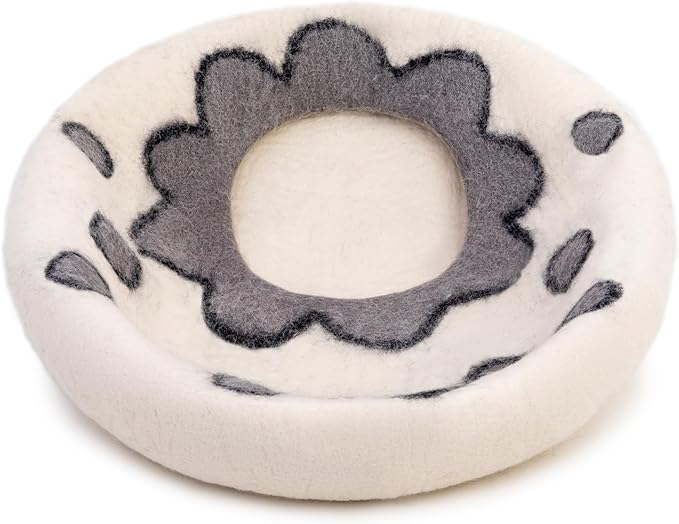Woolygon Premium Felt Cat Cave Bed – Wool Kitty Beds Handcrafted Kitten Caves Bed for Indoor Cats - Made from Merino Wool, Foldable Cat Hideaway Covered Cat House Pod (White Flower)