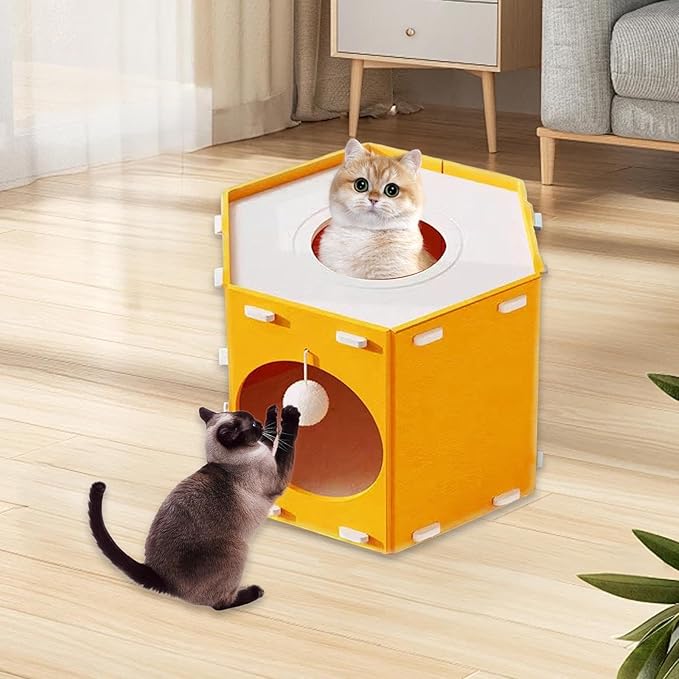 Cat House, Hiding Bed, Tunnel-Like Furniture, Scratch-Resistant, with Hole, Foldable, Stable Construction, Encourages Exercise, Suitable Fo, Orange