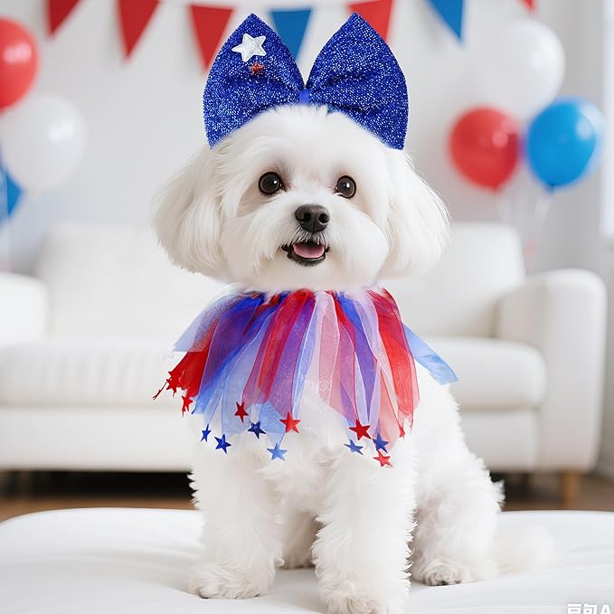 2 Pcs 4th of July Dog Outfit Cute Pet Bow Headband and Collar for Small Medium Dog Cat Independence Day Party Accessories