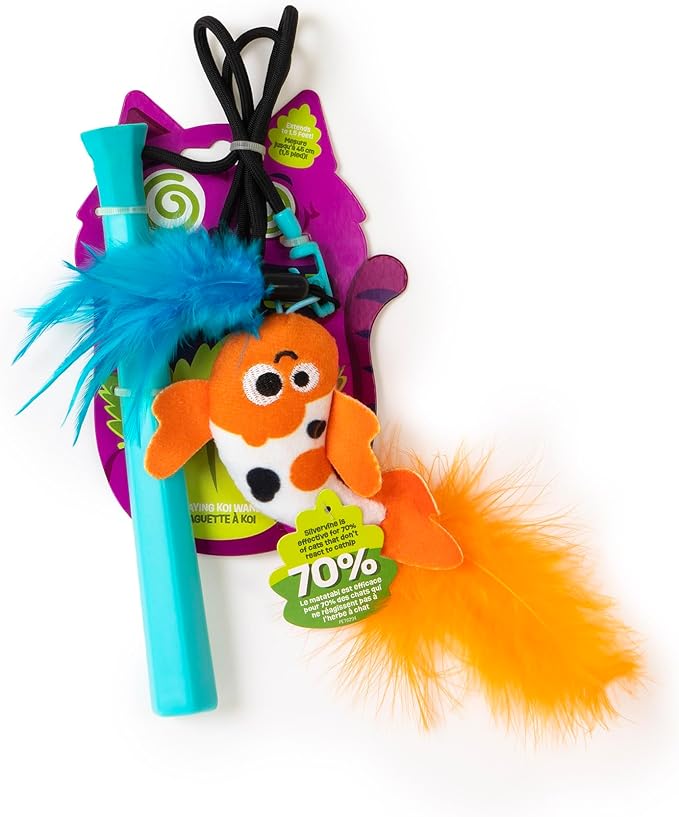 Mad Cat Playing Koi Retractable Feather Wand Cat Toy, with Telescopic Handle, for Hunting Instincts