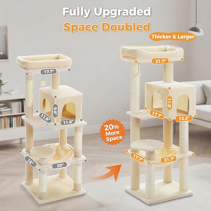 MUTTROS Large Cat Tree for Indoor Cats Large Adult, 57.8" Heavy Duty Cat Tower with Reinforced Scratching Posts (φ3.7in) and Plush Larger Hammock for Maine Coon & Big Cats, Supports 30lbs, Beige