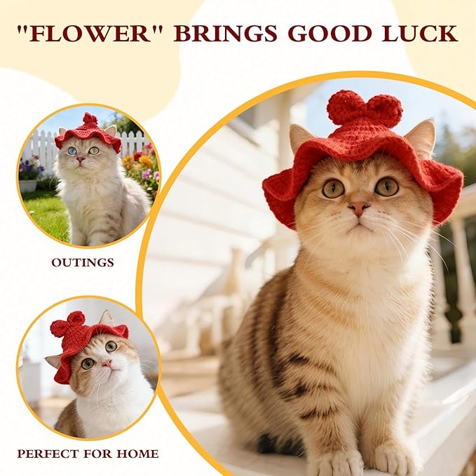 Bow Cat Hat, Cotton & Soft Cute Knitted Hats for Cats Birthday Party Spring Puppy Hat for Small Pets (Red, M)