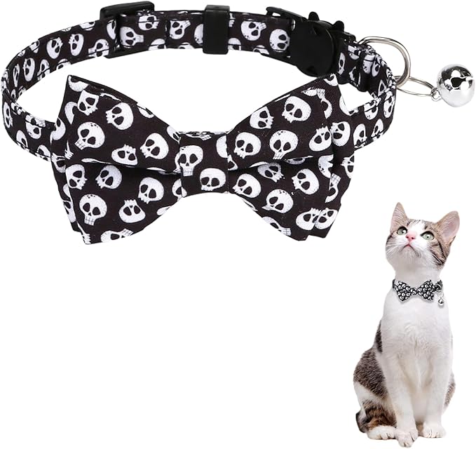 Halloween Cat Collar, Adjustable Kitten Halloween Collars with Bow Tie and Bell, Breakaway Kittens Collar for Girl Boy Cats Kittens (Black)