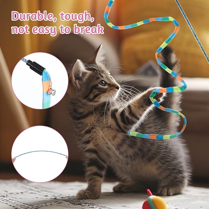 InnoHHustle 2 Pcs Interactive Cat Rainbow Wand Toys, Cat Teaser Wand and String Toy Colorful Ribbon Strong and Sturdy Pole with Small Bells for Indoor Cats and Kittens to Play Chase Exercise for Fun