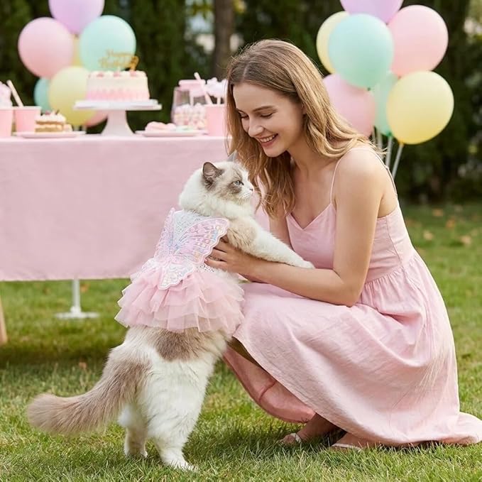 Fairy Dog Dress Cat Princess Outfit with Pink Tulle Skirt & Butterfly Wings, White Knit Top with Lace Collar, Pet Clothes for Small Dogs Cats Birthday Wedding Halloween 11-13.2lbs(Pink,L)