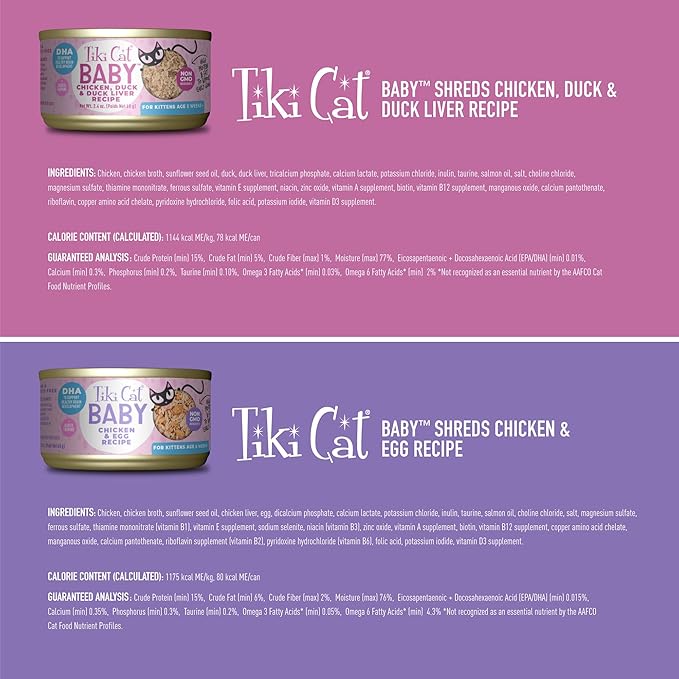 Tiki Cat Baby Wet Cat Food for Kittens, Shreds Variety Pack 2.4 oz. Cans (12 Count)