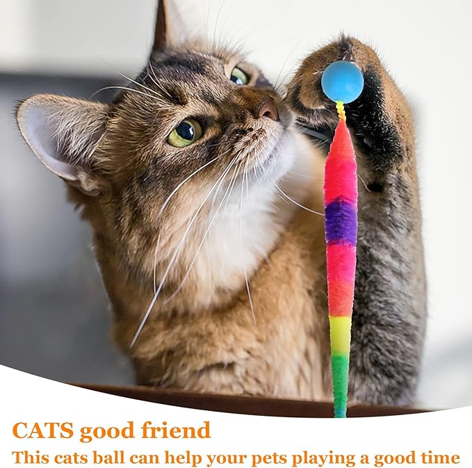 Bouncy Ball with Tail Cat Toys,5 Packs Rainbow Large Magic Worm with Ball Toy for Cats,Colorful Fuzzy Worm Bouncy Balls Cat Toy