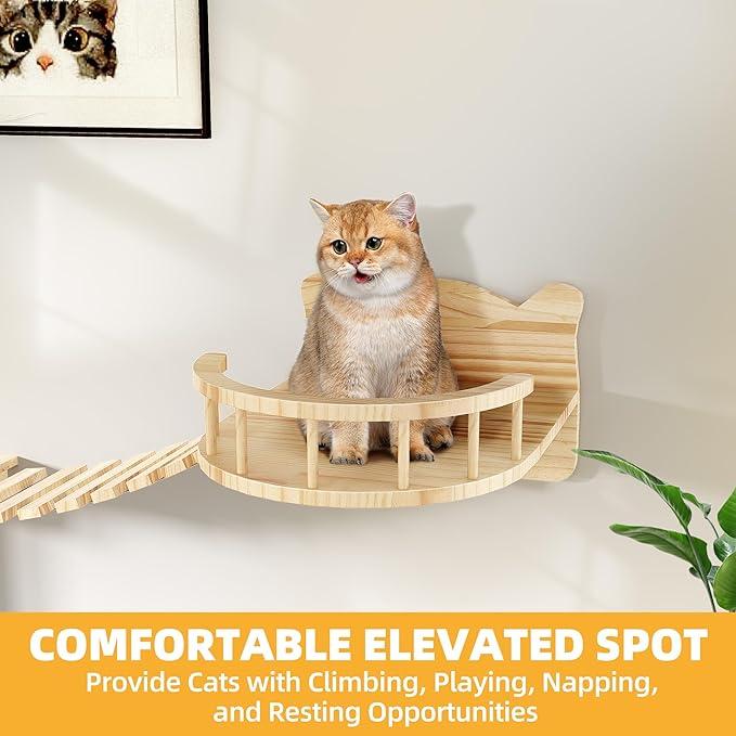 16-in-1 Cat Wall Shelves, Multi-Level Solid Wood Cat Furniture for Wall, Floating Cats Wall Shelves Set, Cat Climbing Wall Systems with Scratching Post & Tunnel, Floor Space-Saving, Burlywood