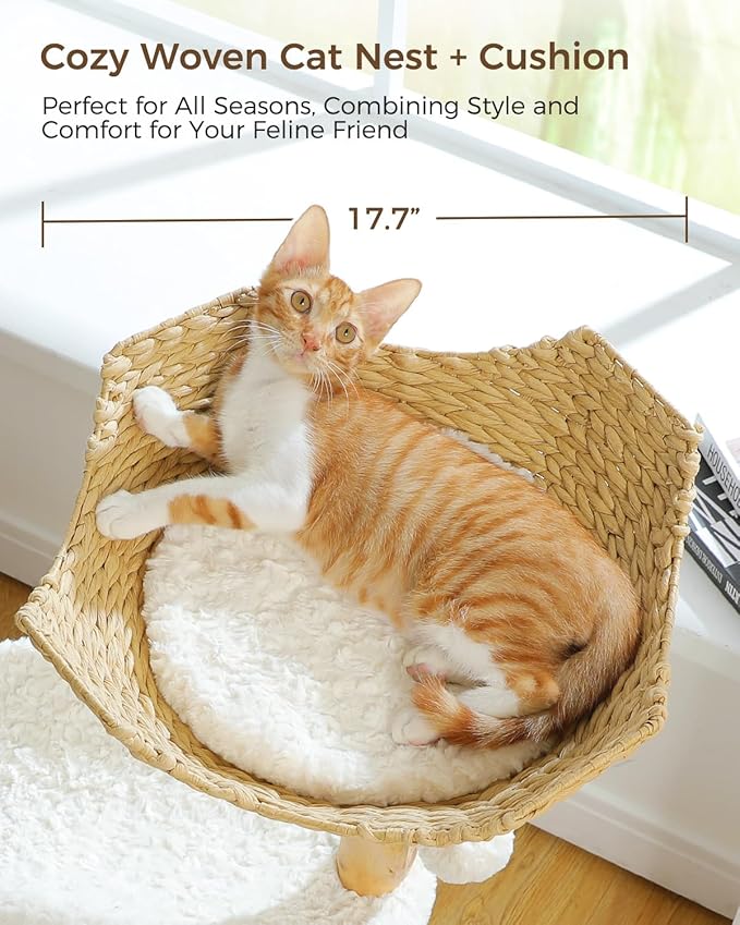 MUTTROS Modern Cat Tree Tower for Large Cats, Wood Cat Tower with Natural Scratching Post, Solid Wood Condo, Real Branch Luxury Cat Furniture with Curved Bed, Top Basket, White