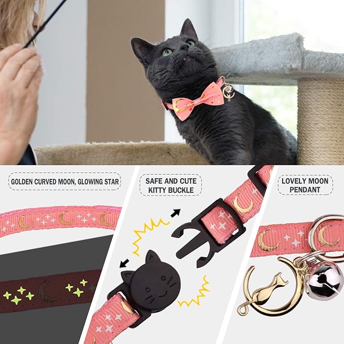 2 PCS Breakaway Cat Collar with Bow Tie and Bell Golden Moon Glowing Star in The Dark for Kitten(Black&Pink)