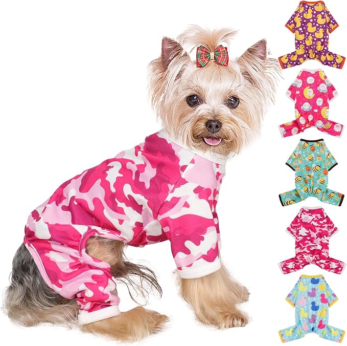 Dog Pajamas Small Sized Boy Girl, Cotton Stretchable Pet Clothes Jammies Puppy Outfits for Dogs Female Male, Spring Summer Doggie Doggy Pjs (Pink Camouflage, XS)