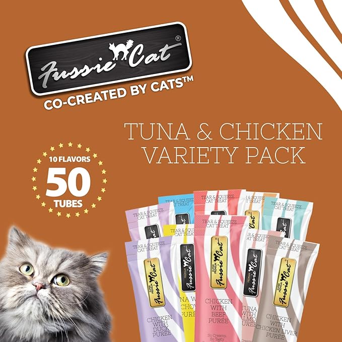 Fussie Cat, 0.5 Ounces Each, 50 Tubes, Tuna & Chicken Variety 10 Flavors