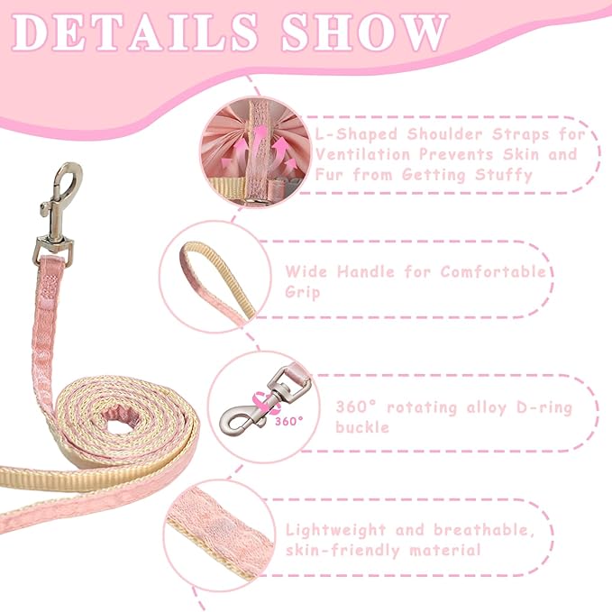 Tensho Pink Bow Cat Harness and Leash Set Escape Proof, Adjustable Kitten Harness with Leash, Bow Tie Cat Harness for Walking Outdoor - Soft Lightweight Harness for Small Dogs Cats Rabbits (S)