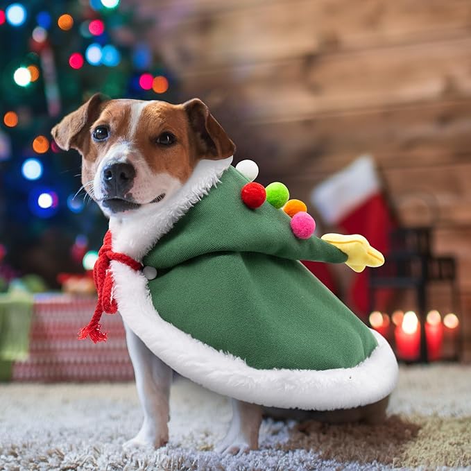 Cat Christmas Cape with Velvet Stars Hat, Small Dog Soft Thick Xmas Cloak, Pets Christmas Costume Dogs Cats Santa Claus Outfits for Goose, L