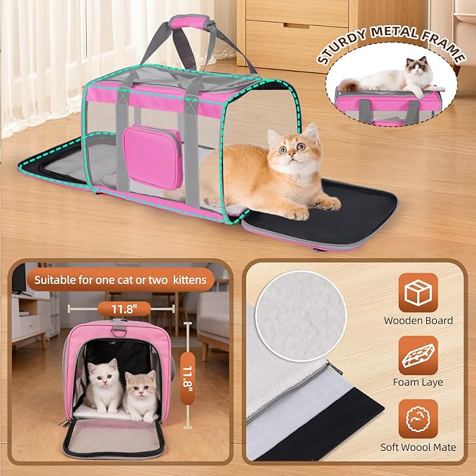 Cat Carrier for Large Cats up to 20 Lbs,Soft-Sided Pet Carrier for Large and Medium Cats, Small Dogs,Puppies,Collapsible Dog Carrier Travel Bag with 2 Storage Bags,4 Mesh Windows (Pink, Medium)