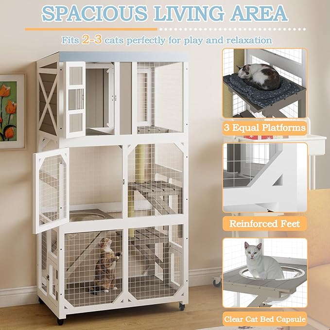 Ketive 64" Large Wooden Catio Outdoor Cat Enclosure, Window Cat House with Wheels & 3 Platforms, Kitty Cage with Weatherproof Roof for Multiple Cats (Gray)