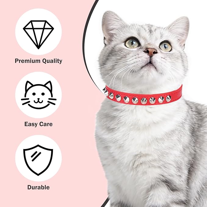 Leather Cat Collars for Boy Girl Cats with Bell and Safety Elastic Belt, Personalized Rivets Stud Adjustable Safe Buckle Collar with Skull Charm for Kitty Small Pets, Red 7"-9"