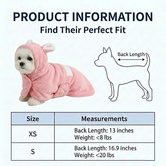 Dog Bathrobe Super Absorbent Towel for Small Dogs Cats Fast Drying Dog Robe Coat with Hood Puppy Cat Bath Towel Wrap Pet Grooming Supplies After Shower (XS,Deep Pink)